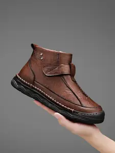 Men's Handmade Mid-High Casual Shoes, Fashion Simple Retro Style, Side Zipper Design, Comfortable Anti-Slip Rubber Sole, Spring & Fall, Brown Leather Boot, Casual Boots