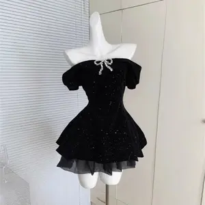 Black French Vintage One Piece Dress Woman Gothic Off Shoulder Bow Retro Mini Dress Female Fairy Birthday Party Chic Outfit 2026