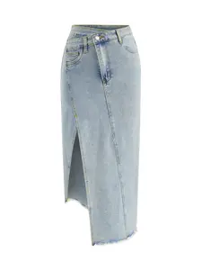 Women's Asymmetric Vintage Fringe Denim Midi Skirt, Unique Design Half-Length Dress, Trendy Fashionable Bottoms for Daily Wear