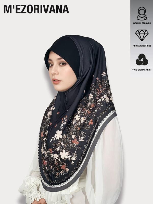 Muslim Headscarf Stretchy Hijab with Floral Print and Gemstone Accents, Multiple Colors Available, Chiffon Fabric, Comfortable Hat Brim, Ideal for Ramadan