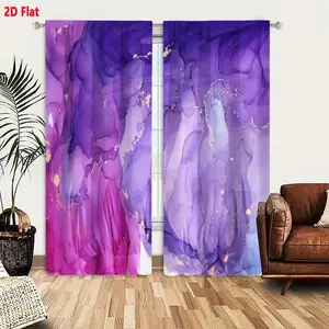 2D Flat 2-Piece Purple Pink Swirl Abstract Art Window Curtains, Alcohol Ink Fluid Medium Pattern Sheer Blackout Curtains, Dreamy Ethereal Purple Lilac Pink with Golden Specks, Elegant Shimmering Wave-like Design for Living Room Bedroom