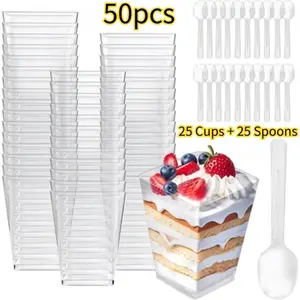 (25 Cups + 25 Spoons) 5 oz Square Dessert Cups with Spoons – Clear Plastic Mini Bowls for Party, Catering, Snacks & Desserts, Plastic Pudding Cups