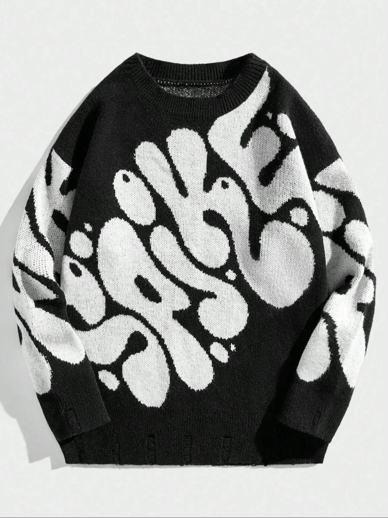 Men's Graphic Print Knit Sweater, Casual Fitted Long Sleeve Pullover, Warm Round Neck Jumper, Knitwear for Fall & Winter Seasons, Menswear, Tops