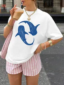 Whale Shark Pattern Print Graphics T-Shirt, Casual Style Tee, Short Sleeve Round Neck Casual Top, Summer and Spring Women's Clothing, Fitted Knit Fabric, Age 18-24