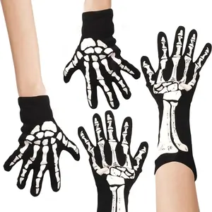 2 Pairs Halloween Skeleton Gloves For Women Men Adults Black Bones Full Finger Gloves for Halloween Cosplay Party Costume Accessories