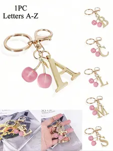 High-end elegant gold letter keychain with pink cherry, 3D letter A-Z charms, for handbags and backpacks, heavy-duty letter keychain gift, classic simple keychain, decoration, bag accessory, suitable as a holiday souvenir for friends and family