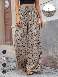 Plus Size Ditsy Floral Print Shirred Tie Front Wide Leg Pants, Boho High Waist Trousers for Beach Vacation Holiday, Women's Bottoms for Summer