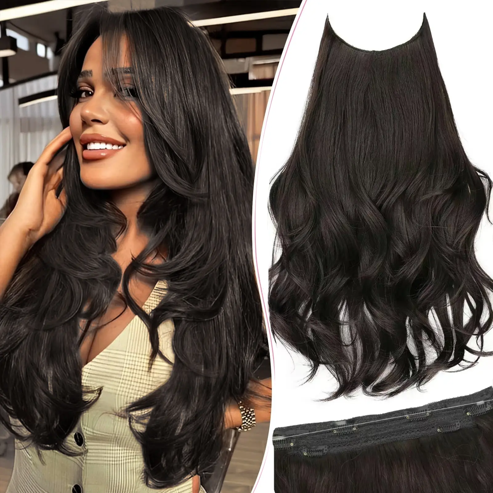 Invisible Wire Hair Extensions Full Head Long Wavy Layered  display picture 2