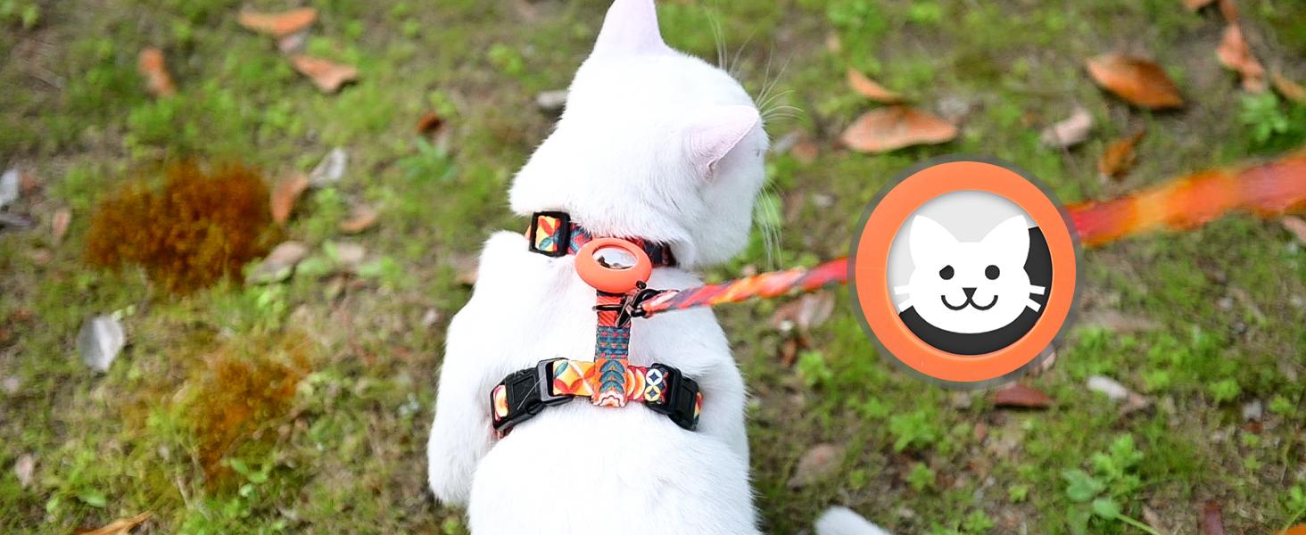 Cat Harness with Airtag Holder, Cat Harness and Leash Set Escape Proof for Walking Travel Outdoor, Soft Adjustable Kitten Harnesses for Small Medium Large Cats, Orange(Chest:."-")
