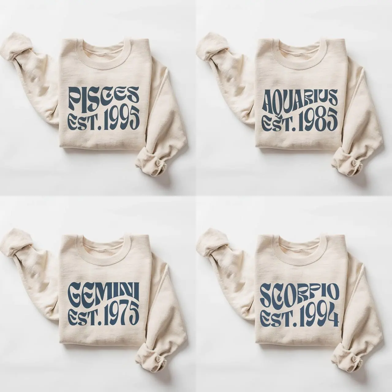 (LEAVE A NOTE OR DM SHOP) Retro Zodiac EST. Year Sweatshirt - Sand, Minimalist Astrology Crewneck Pullover, Vintage Horoscope Sign Top, Unisex Birthday Gift for Her And Him, 90s Typography Style Outfit, Christmas Gift - AL