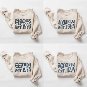 (LEAVE A NOTE OR DM SHOP) Retro Zodiac EST. Year Sweatshirt - Sand, Minimalist Astrology Crewneck Pullover, Vintage Horoscope Sign Top, Unisex Birthday Gift for Her And Him, 90s Typography Style Outfit, Christmas Gift - AL