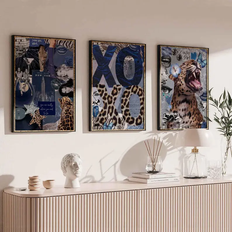 Trendy Leopard Roar Print - Blue Fashion Stylish Wall Art Print - Cheetah Prints - Aesthetic Collage Poster