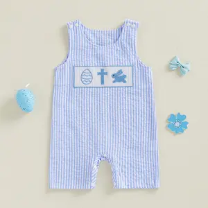 Infant Baby Boy Easter Stripe Romper Overalls Bunny Egg Cross Embroidery Sleeveless Jumpsuit Spring Summer 0-24 Months