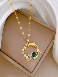 Stainless Steel Dolphin Star Pendant Necklace, Fashion Jewelry for Women, Daily Wear, Holiday Gift, New Arrival