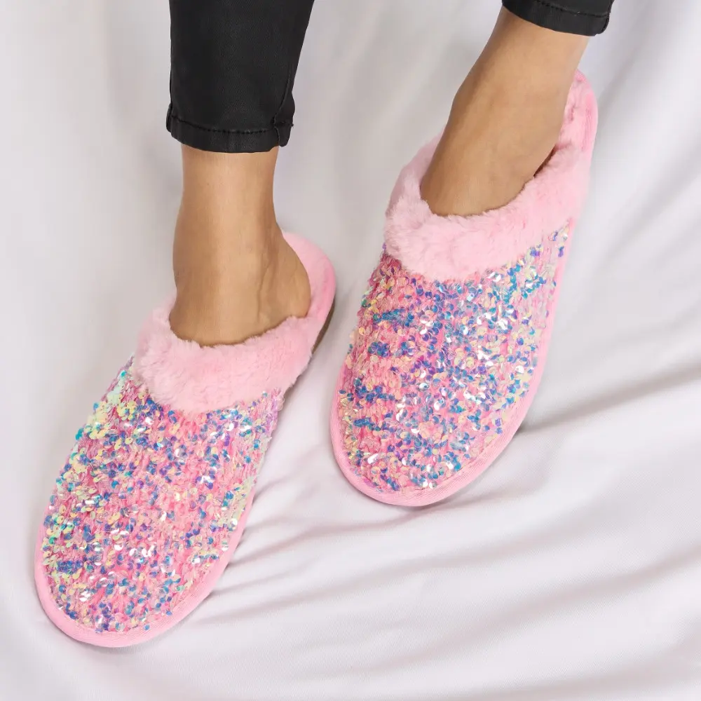 Sparkling Comfort Plush Sequin Round Toe Slippers Indoors Outdoors Summer Winter Women Girl