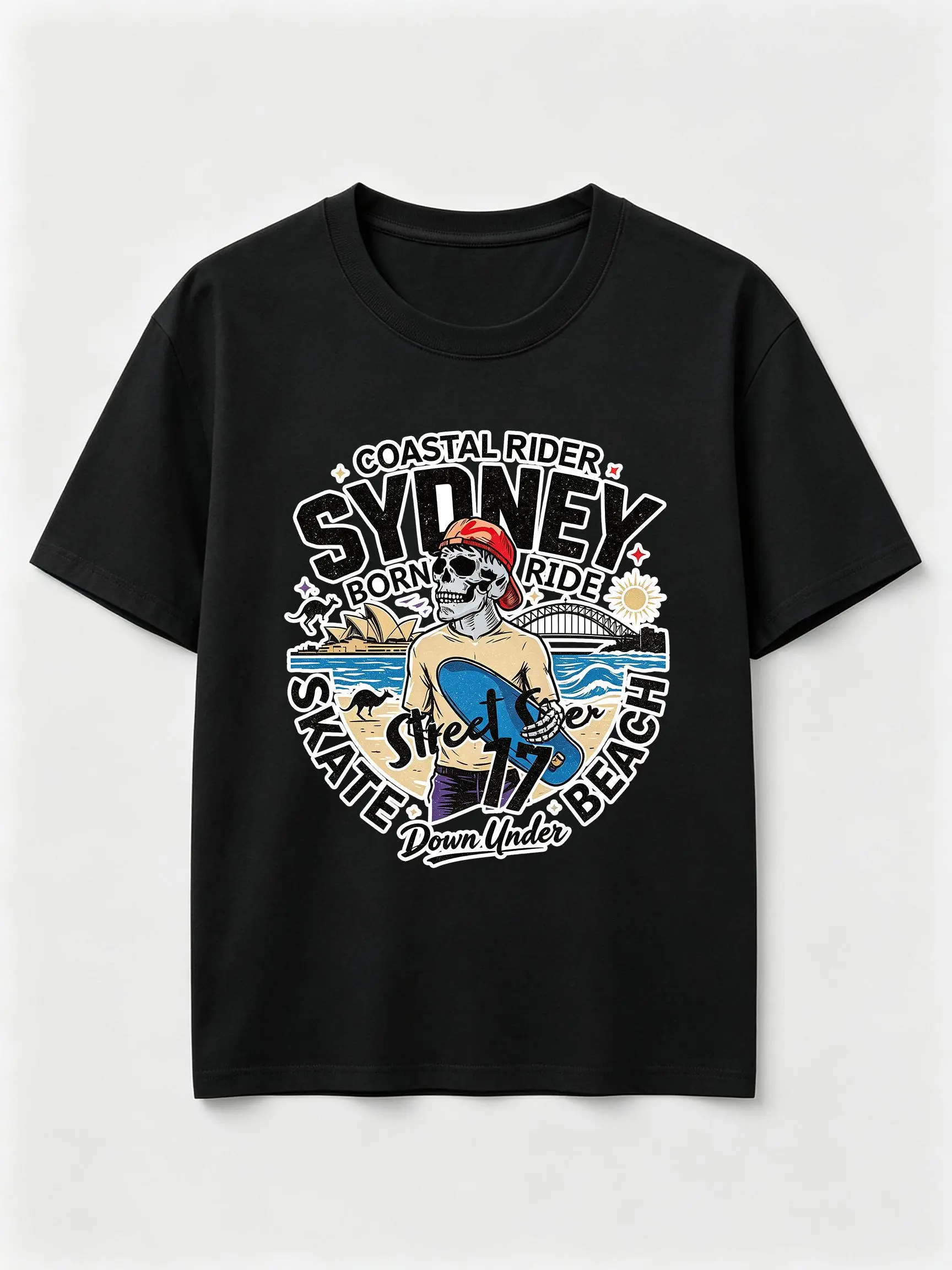 Sydney Coastal Rider Skeleton Graphic T Shirt, Aussie Beach Street Skate Tee, Short Sleeve Cotton Shirt For Men Women