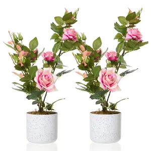 Garvee 19.7 Inch Artificial Pink Rose Tree 2 Pack with White Plastic Pots, Realistic Faux Flowers for Indoor Home, Office, Porch, Balcony Decor, Maintenance-Free, Lifelike Rose Blooms