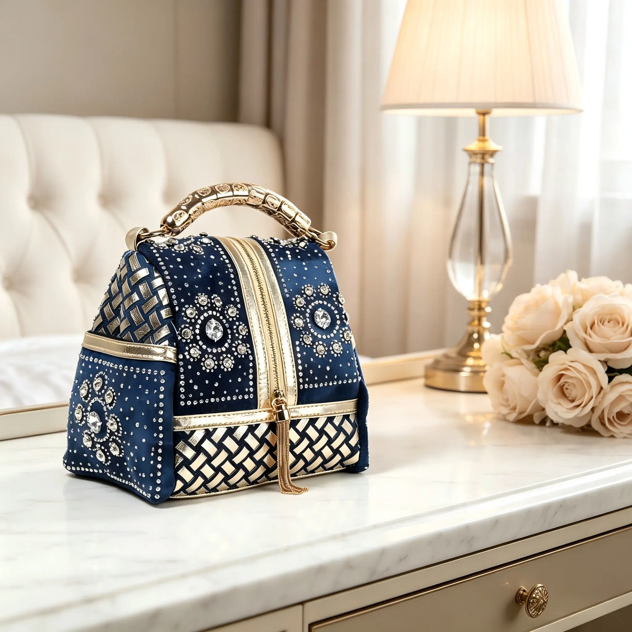 Luxury women’s navy blue rhinestone handbag, gold woven top-handle crossbody bag with tassel, evening party bag