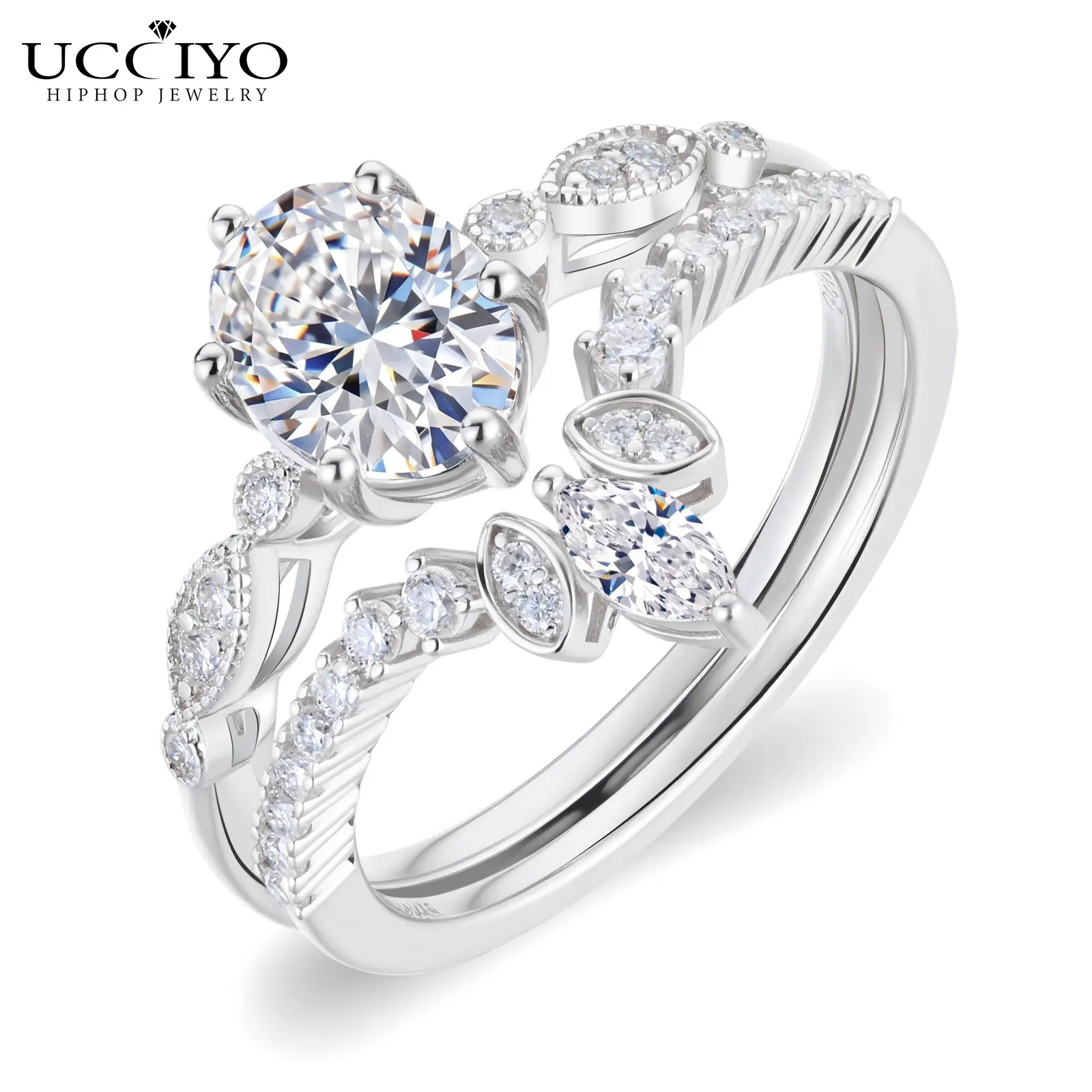 UCCIYO 2PCS S925 Sterling Silver Lab-Created Oval Moissanite Promise Ring Set for Women, Vintage Stackable Bridal Ring Guard, Sparkly Anniversary Gift Jewelry S925 Silver Lab-Created Moissanite Women Wedding Ring summerwins【#R630】