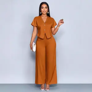 2026 summer short-sleeved V-neck irregular cardigan straight wide-leg pants large-size casual two-piece set