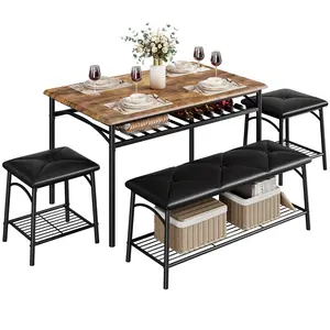 Garvee 4-Piece Dining Table Set – Space-Saving Metal & Wood Kitchen Table with Upholstered Bench, 2 Square Stools & Storage Shelf – Compact Dining Furniture for Small Spaces, Apartments, Breakfast Nook, Dining Room or Kitchen – Stylish, Functional