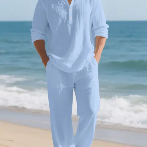 Men's linen casual suit set, loose and comfortable breathable Plain V-neck shirt + linen trousers, suitable for daily wear, comfortable and fashionable for beach and vacation outings. The perfect gift for him. Linen Sets