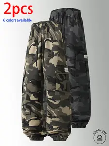 2-pack men’s long pants: camouflage cargo jogger pants with an elastic drawstring waistband and large side pockets; loose fit that doesn’t constrict the legs. Available in multiple colors; suitable for outdoor hiking and camping, everyday streetwear, shor