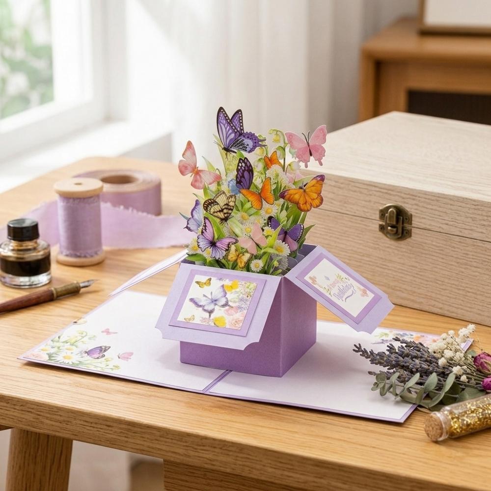 3D Popup Box Greeting Card Handcrafted Butterfly Floral Design Pop-up Card for Birthday Mother's Day Anniversary with Blank Inner Panel