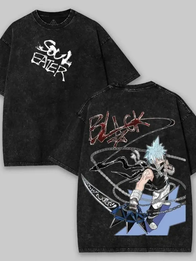 Men's Soul Eater Anime Crew Neck Short-Sleeve T-Shirt - Relaxed Fit Classic Retro Streetwear, 230gsm Premium Washed Cotton, Double-Sided Graphic Print, Exceptional Quality, Up to 2XL, Cold Wash, 7-Day Return Policy, Casual