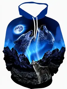 Digital Print Fashion Hooded Pullover, Autumn Sweatshirt, 3D Digital Print, Night Wolf Moon Color Wolf Pattern, Casual Long Sleeve