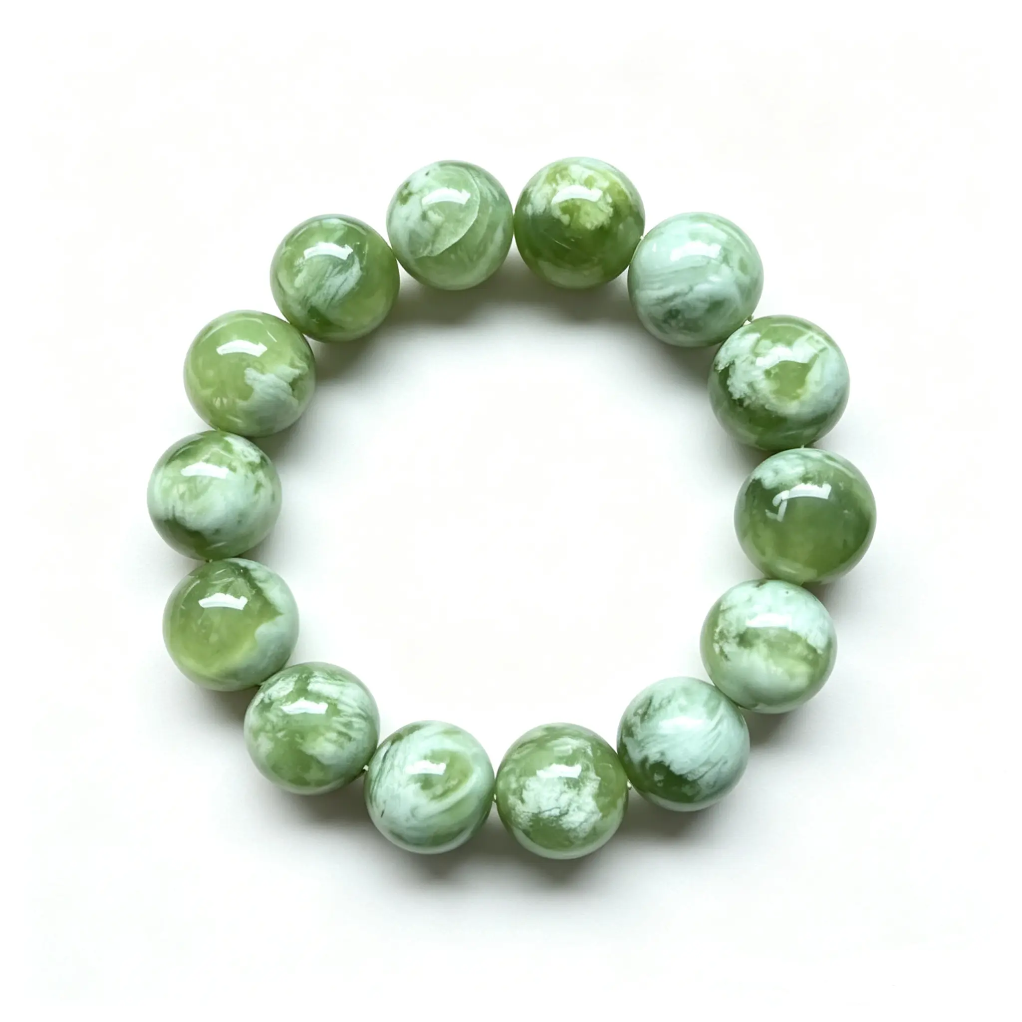 16mm Natural Serpentine Jade Beaded Bracelet, Green Milky White Cloud Pattern Round Bead Bracelet, Unisex Crystal Wrist Jewelry Casual Daily Gift Bracelet