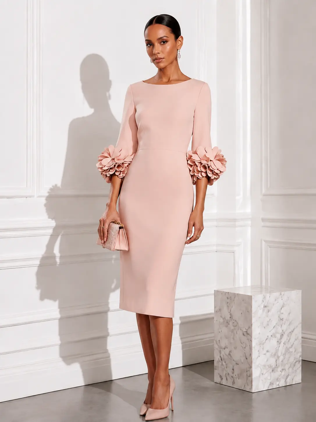 FEHAUTE Women's Pink 3D Floral Sleeve Crew Neck Sheath Midi Dress Cocktail Party Mother of the Bride Dress