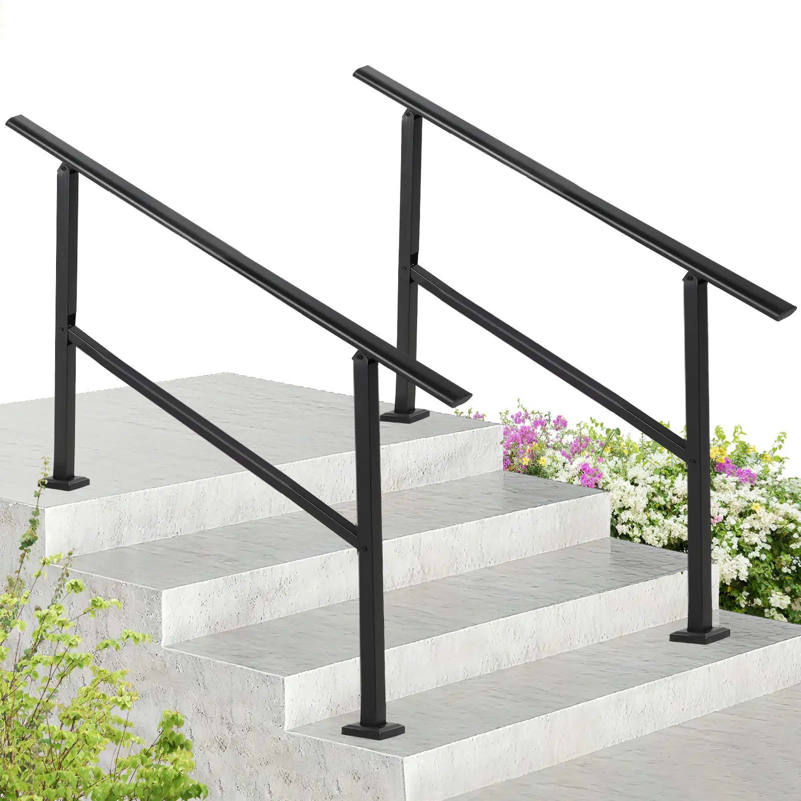 Adjustable Black Metal Stair Handrail Heavy Duty Sturdy Iron Railing Perfect for 2 to 4 Outdoor Steps Weatherproof Non Slip High Strength Structure Easy Installation Durable Anti-Rust Outdoor Stair Handrail Kit
