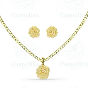 Camelias Shop flower  Pendant Set with Earrings 20 Inches Long Gold-Tone Jewelry Featuring Flower Charm and Matching Earrings Code Set3896