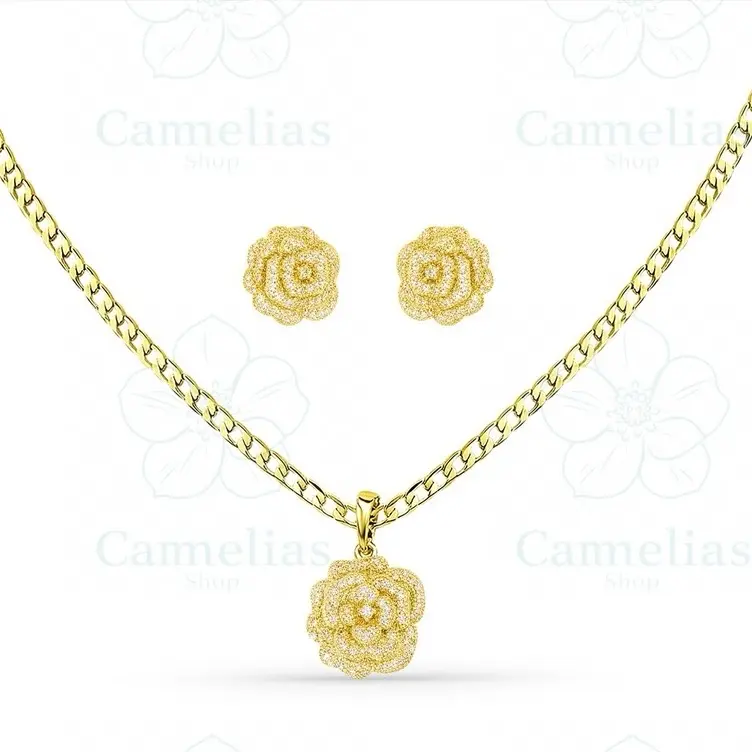 Camelias Shop flower  Pendant Set with Earrings 20 Inches Long Gold-Tone Jewelry Featuring Flower Charm and Matching Earrings Code Set3896