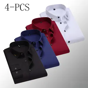 Men’s 4-Pack Embroidered Collar Oxford Shirts, Long Sleeve Casual Clothes, No Iron Needed, Multiple Colors