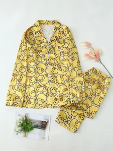 A fashionable yellow cartoon duck print pattern for ladies. Lapel long-sleeved long pants pajama set Loungewear