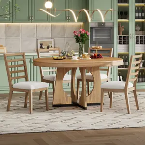 ARCH TREXM Round Dining Table for 4 with Chairs Set, Extendable Dining Table Set with 16" Removable Middle Leaf, 5 Piece Retro Dining Table Set Unique Geometric Design for Kitchen, Dining Room (Natural)
