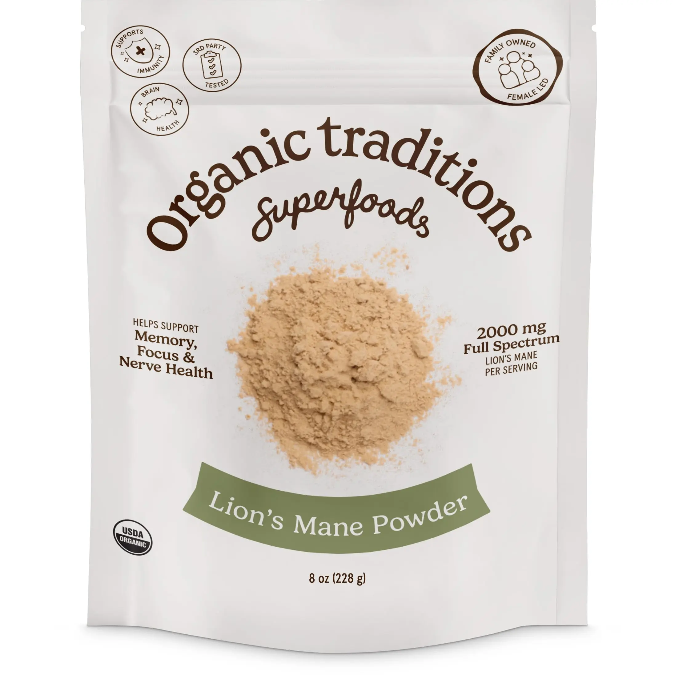 Organic Traditions Lion's Mane Powder 2000 mg - Full Spectrum Mushroom for Memory, Focus & Nerve Health - USDA Organic, Non-GMO