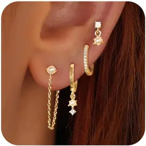 Gold Earrings for Women, 14k Gold Plated Dangle Huggie Earrings for Women Trendy Dainty Gold Hoop Earring Stacks Hypoallergenic Pearl Chain Drop Cartilage Earring Fashion Womens Jewelry 3  earring  stack  helix