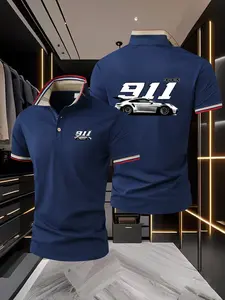 Men's Vintage Contrast Collar Polo Shirt, High Performance Racing Print Casual Streetwear Tee, Slim Fit Sports T-Shirt