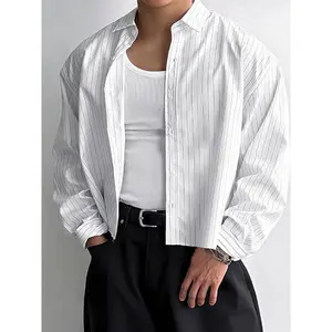 Men’s minimalist striped long-sleeve shirt, casual button-down jacket, casual lapel button-front top, suitable for all seasons, fashionable men’s everyday wear
