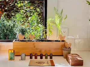 Fleur Du Bien Indoor Herb Garden Seed Starter Kit with 12oz Loose Leaf Green Tea, 5 Herbal Tea Seeds, Bamboo Planter, Tea Infuser Strainer