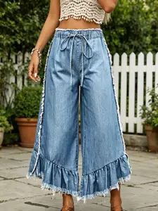 Womens Wide Leg Jeans Elastic Waist Drawstring Denim Pants Side Pleated Raw Edge Washed Y2K Trendy Baggy Trousers 2026 Casual Streetwear Loose Fit Comfortable Vintage Wash Everyday Denim Cute Summer Fall Apparel Relaxed Fit