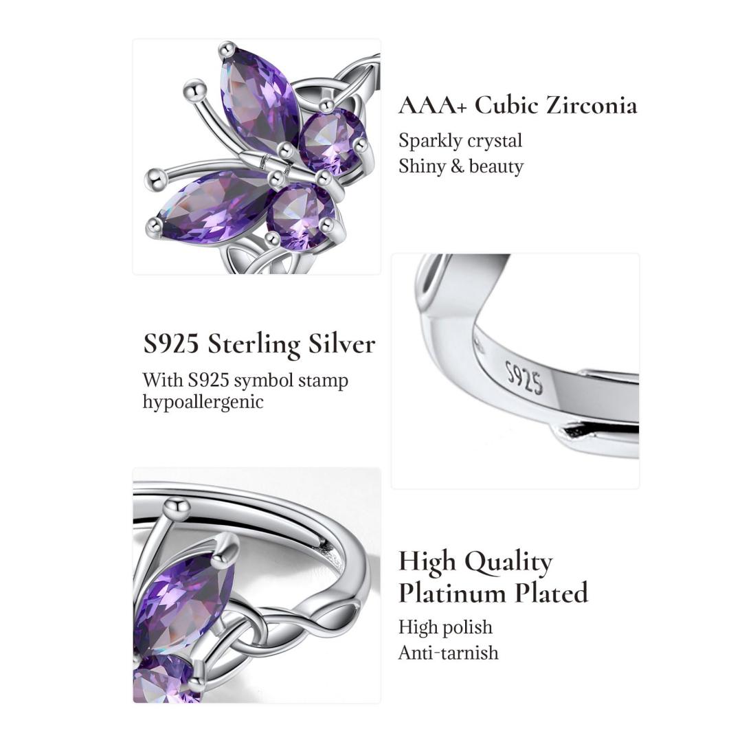 Silver Story 925 Sterling Silver Purple  Butterfly Ring for Women, Dainty Fixed Band Finger Ring with Sparkling Gemstone, Cute Nature Inspired Animal Jewelry Gift for Girls Party Daily Wear