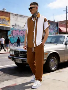 Men's Brown Striped Shirt & Pants Set - Autumn & Winter Edition Business-Casual Style, Minimalist & Easy to Match Men's Clothing, Suitable as Inner Wear, Ideal for Casual Outings, Outdoor Activities & Commuting, Trendy Men's Apparel, Perfect Holiday Gift