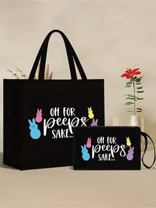 This Easter-themed women's linen handbag set includes a handbag with rabbit ears and Easter-themed pattern prints, as well as a printed small bag, which can be used as a beach bag, personalized wedding bridesmaid gift bag, travel storage bag