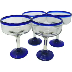 Cobalt Blue Rim Margarita Glasses - Set of 4 (16 oz each)