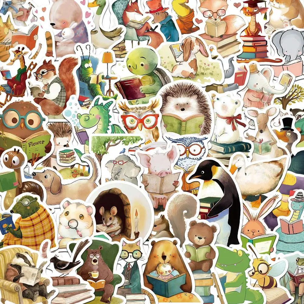 Animal Reading Pattern Sticker,   50pcs/set Cute Creative Watercolor Elements Pattern Sticker, Diy Decorative Sticker for Phone Notebook Scrapbook, Sticker Packs, Decal Sticker, Stickers For Scrapbooking