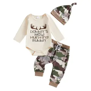 FOCUSNORM Newborn Baby Boys Clothes Letters Hunting Print Romper Camouflage Sweatpants and Hat Fall Winter Baby Boy Clothes